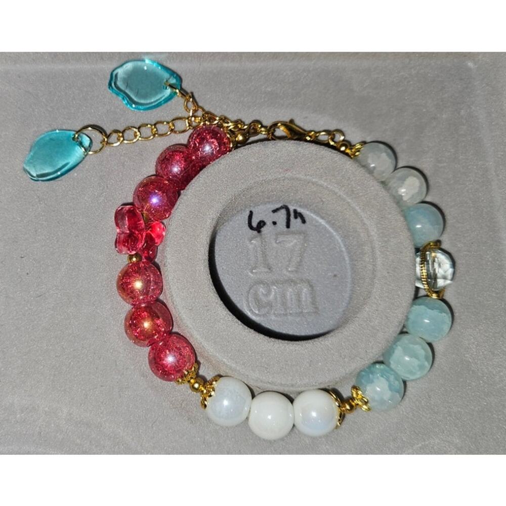 Red White Blue Wire Bracelet w Red Butterfly and Blue beaded Dangle Charms #329